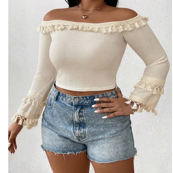 Boho Off Shoulder Tassel Detail Cropped Top - Picture 12 of 13